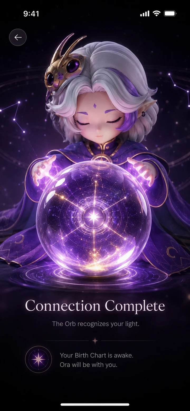 OraOrb iPhone connection-complete screen showing long-haired Ora with a crystal ball